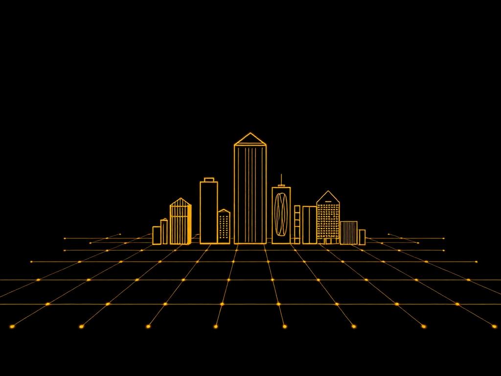 Gold line-art skyline over a perspective grid, representing property assets